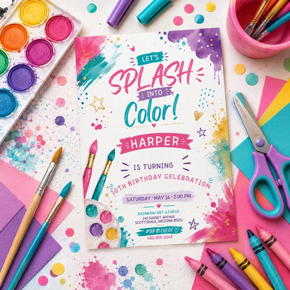 Editable Art Paint Birthday Invitation Canva Template, Girls Cute Modern Fun Themed DIY Sweet Chic Party Invite, Printable Digital Download.