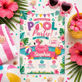 Editable Pool Birthday Invitation Canva Template, Pastel Girls Pool Cute Modern Fun DIY Sweet Chic Party Invite, Printable Digital Download.