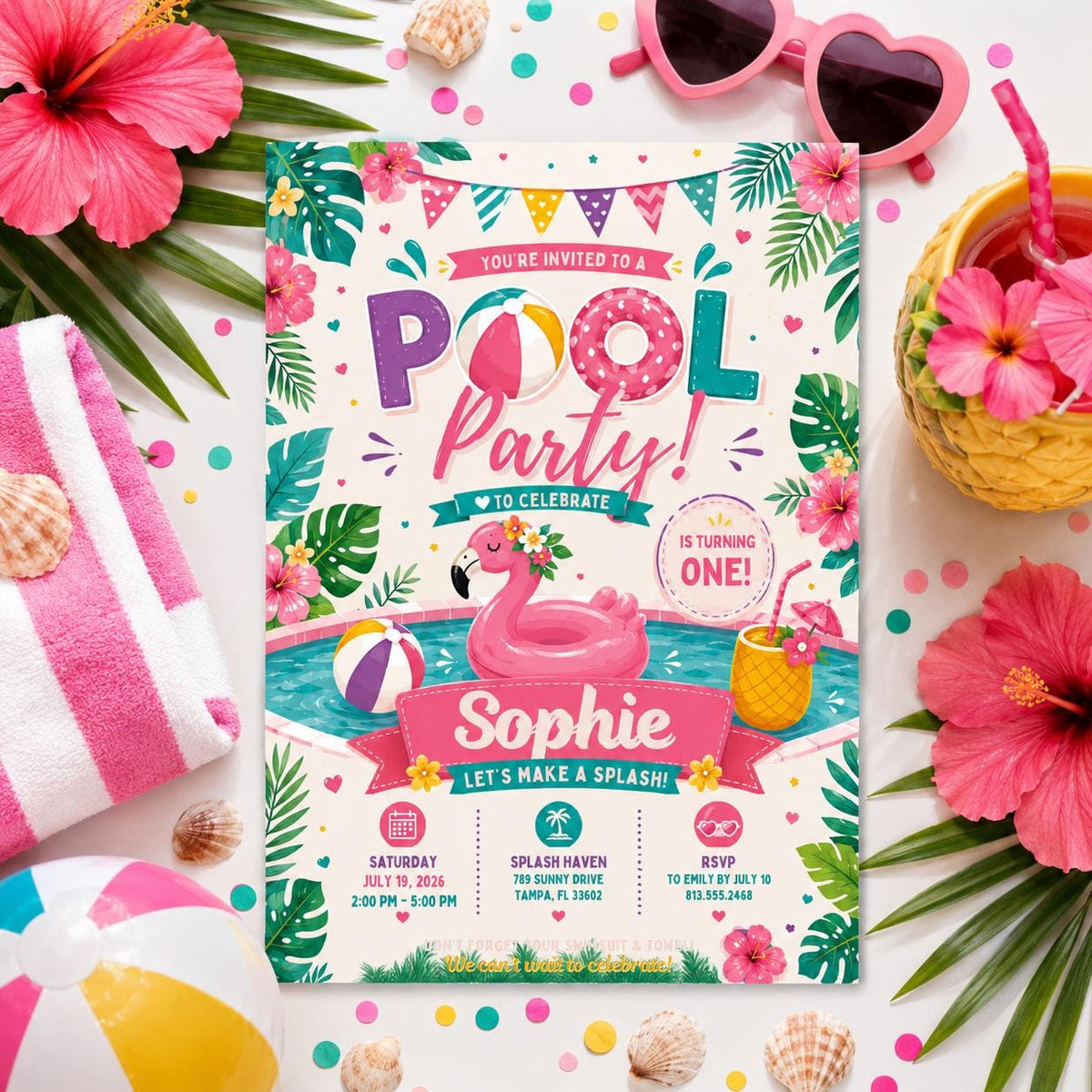 Editable Pool Birthday Invitation Canva Template, Pastel Girls Pool Cute Modern Fun DIY Sweet Chic Party Invite, Printable Digital Download.
