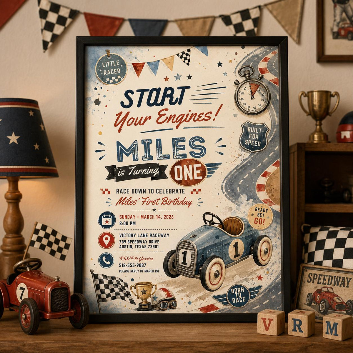 Editable Race Car Birthday Invitation Canva Template, Kids Racing Cute Modern Fun Themed DIY Sweet Party Invite, Printable Digital Download.