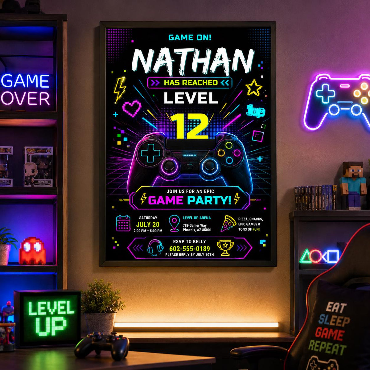 Editable Gamer Birthday Invitation Canva Template, Blue Neon Gamer Cute Modern Fun Themed DIY Chic Party Invite, Printable Digital Download.