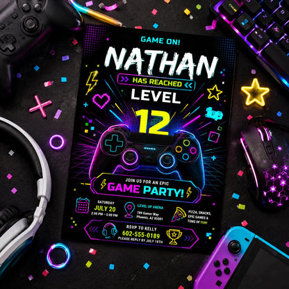 Editable Gamer Birthday Invitation Canva Template, Blue Neon Gamer Cute Modern Fun Themed DIY Chic Party Invite, Printable Digital Download.