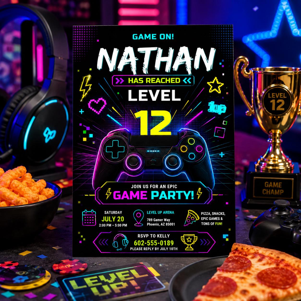 Editable Gamer Birthday Invitation Canva Template, Blue Neon Gamer Cute Modern Fun Themed DIY Chic Party Invite, Printable Digital Download.