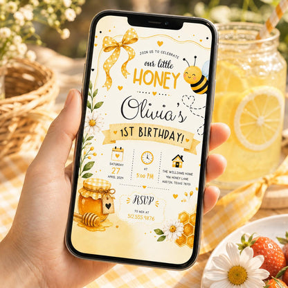 Editable First Bee Day Bumble Birthday Invitation Canva Template, Kids Cute Modern Fun Instant DIY Party Invite, Printable Digital Download.