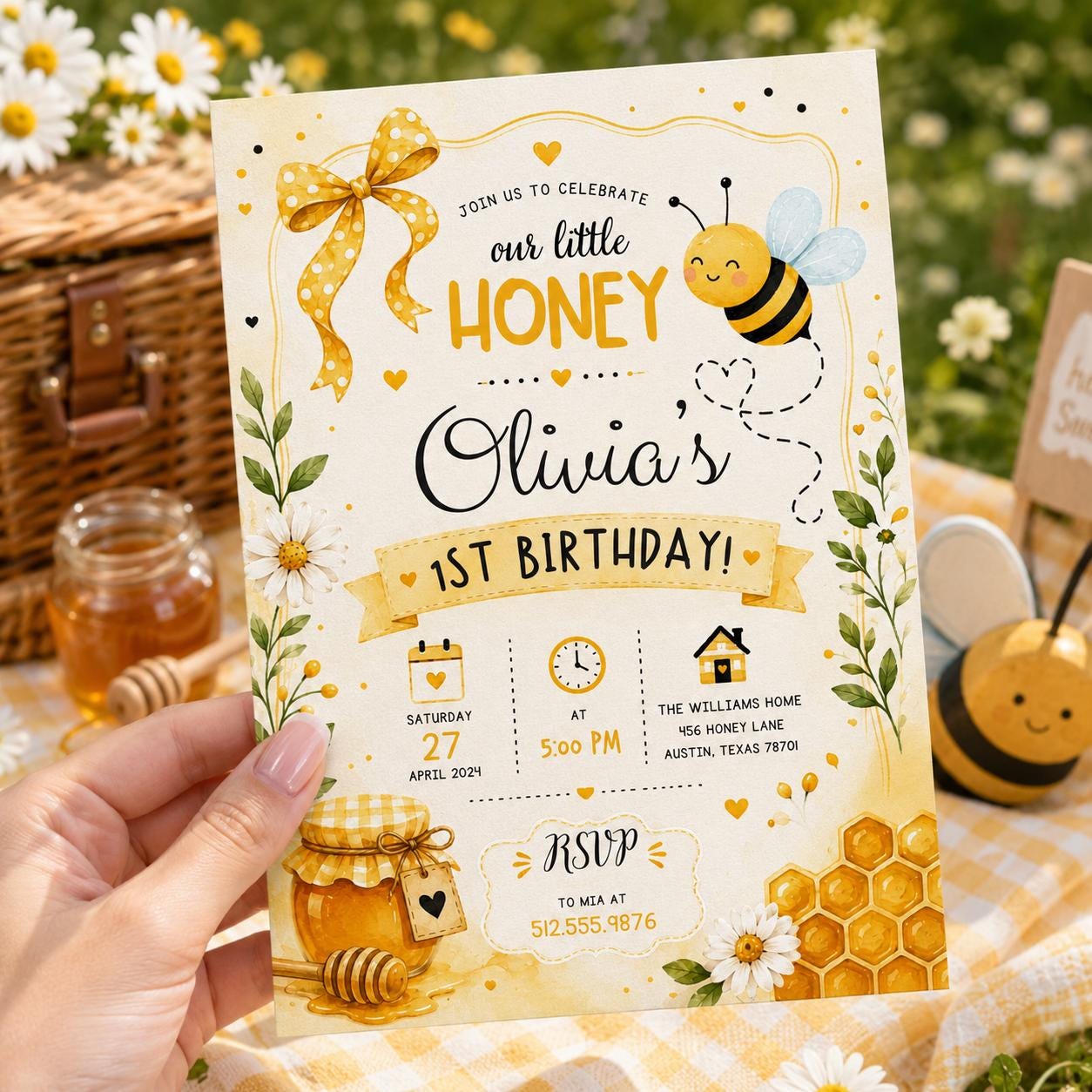 Editable First Bee Day Bumble Birthday Invitation Canva Template, Kids Cute Modern Fun Instant DIY Party Invite, Printable Digital Download.