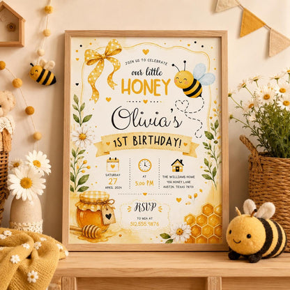 Editable First Bee Day Bumble Birthday Invitation Canva Template, Kids Cute Modern Fun Instant DIY Party Invite, Printable Digital Download.