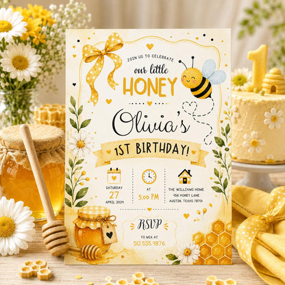Editable First Bee Day Bumble Birthday Invitation Canva Template, Kids Cute Modern Fun Instant DIY Party Invite, Printable Digital Download.
