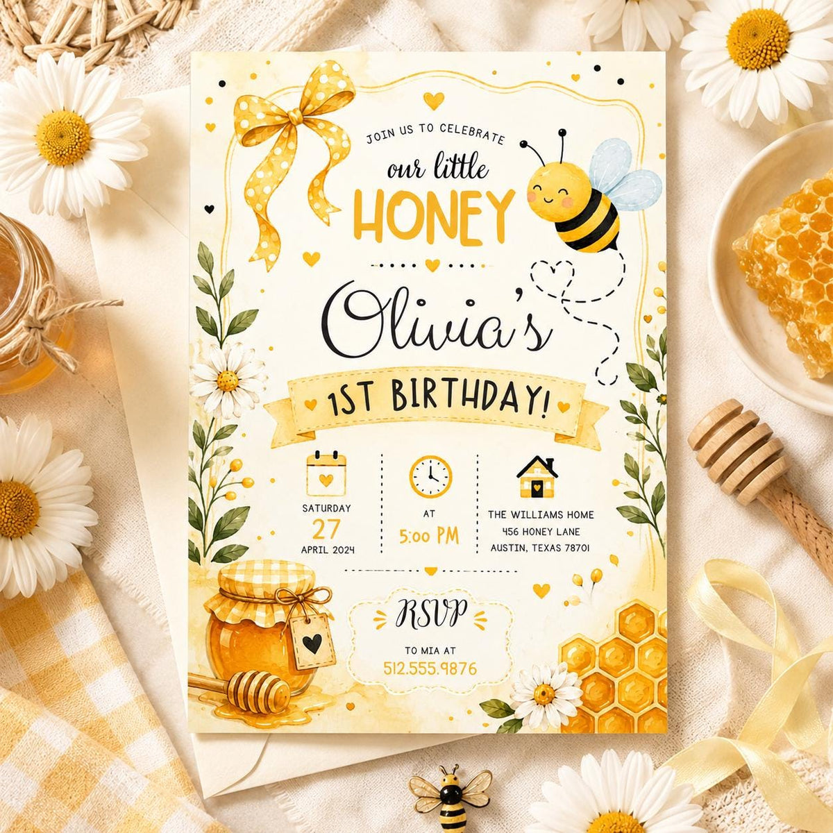 Editable First Bee Day Bumble Birthday Invitation Canva Template, Kids Cute Modern Fun Instant DIY Party Invite, Printable Digital Download.