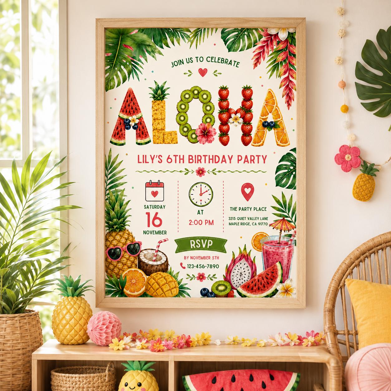 Editable Tropical Birthday Invitation Canva Template, Girls Summer Cute Modern Fun Themed DIY Chic Party Invite, Printable Digital Download.