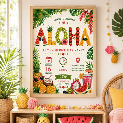 Editable Tropical Birthday Invitation Canva Template, Girls Summer Cute Modern Fun Themed DIY Chic Party Invite, Printable Digital Download.