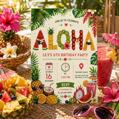 Editable Tropical Birthday Invitation Canva Template, Girls Summer Cute Modern Fun Themed DIY Chic Party Invite, Printable Digital Download.