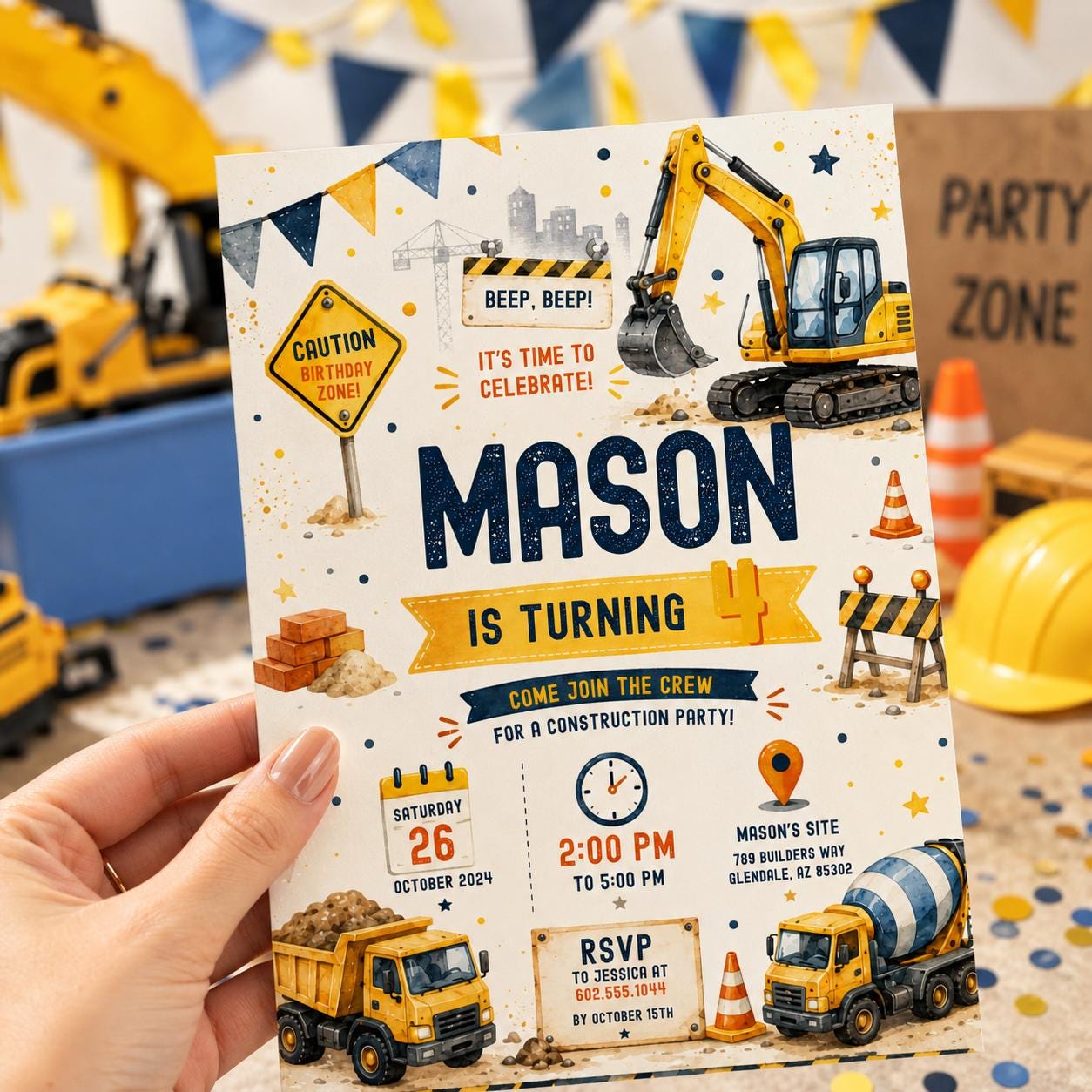 Editable Construction Birthday Invitation Canva Template, Black Yellow Boys Cute Fun DIY Chic Kids Party Invite, Printable Digital Download.