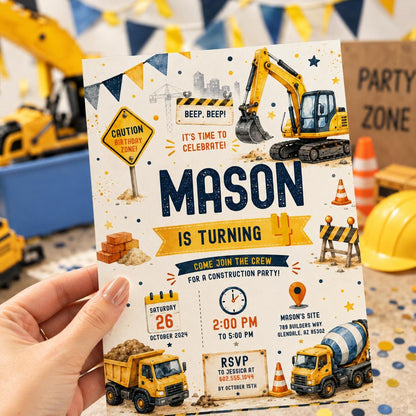 Editable Construction Birthday Invitation Canva Template, Black Yellow Boys Cute Fun DIY Chic Kids Party Invite, Printable Digital Download.