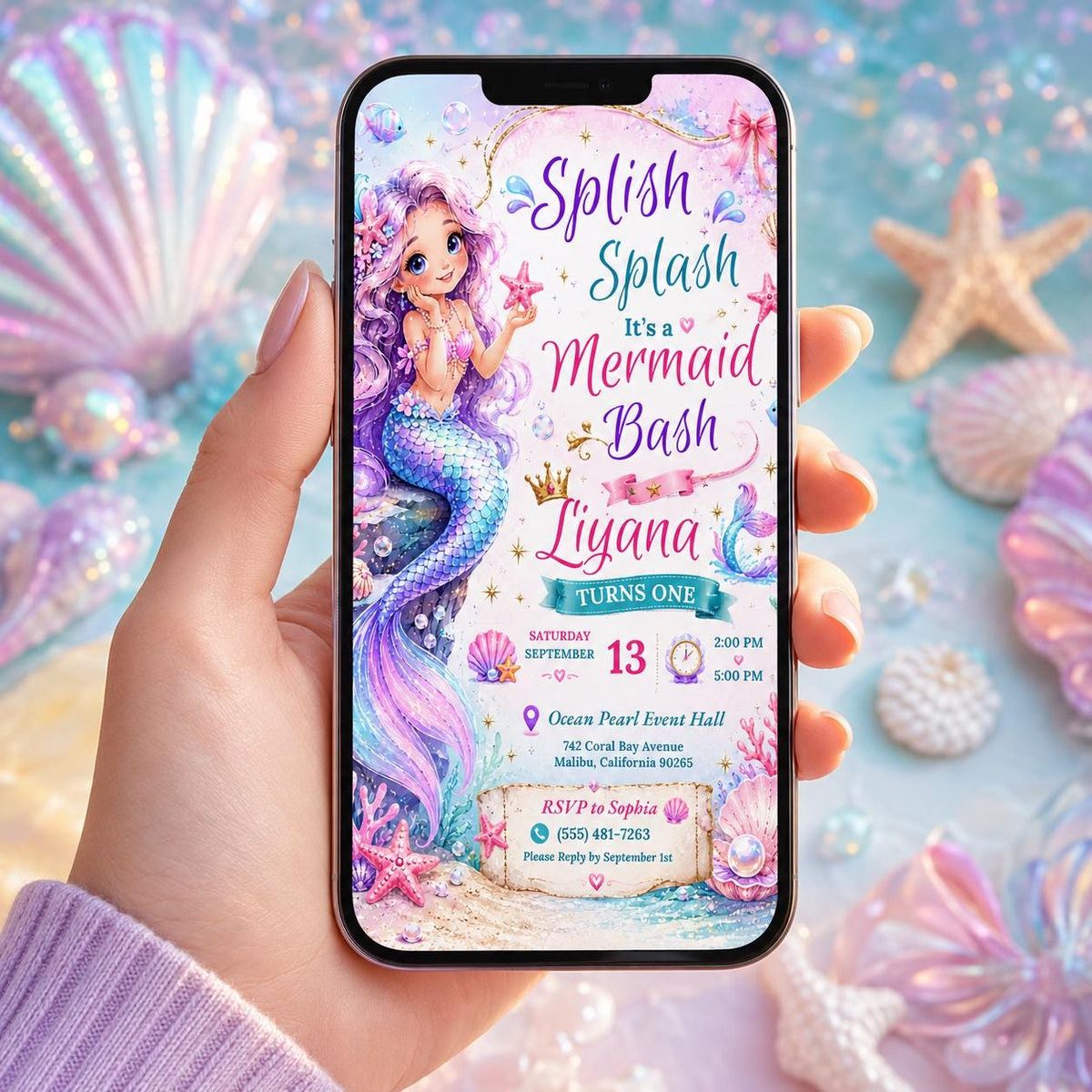 Editable Mermaid Birthday Invitation Canva Template, Pink Purple Gold Girls Cute Fun DIY Chic Kids Party Invite, Printable Digital Download.
