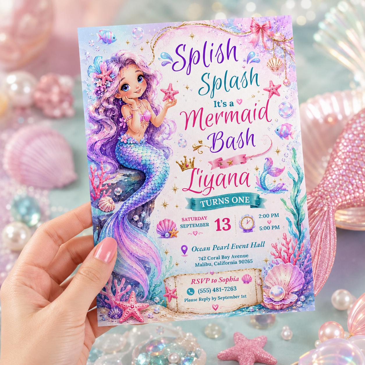 Editable Mermaid Birthday Invitation Canva Template, Pink Purple Gold Girls Cute Fun DIY Chic Kids Party Invite, Printable Digital Download.