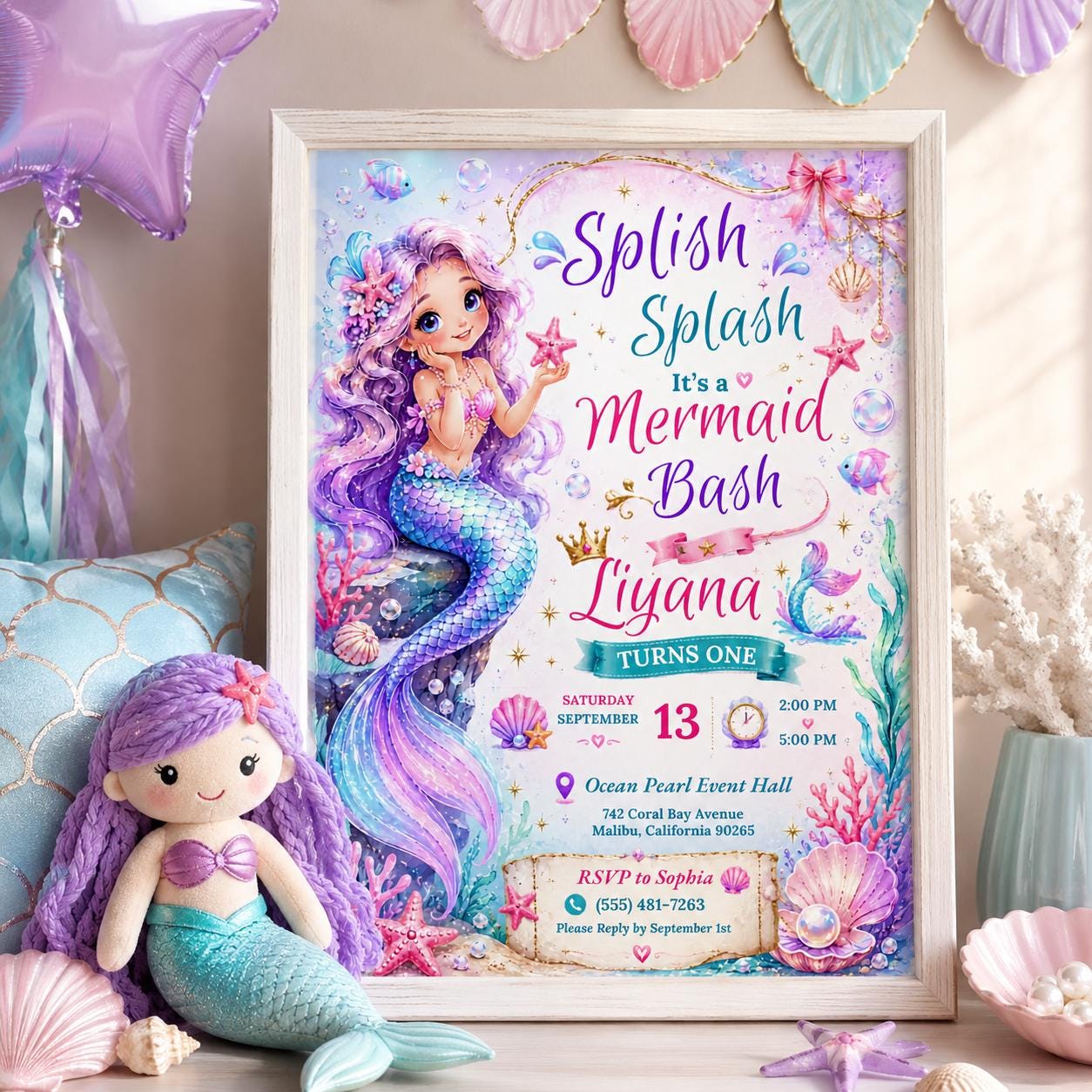 Editable Mermaid Birthday Invitation Canva Template, Pink Purple Gold Girls Cute Fun DIY Chic Kids Party Invite, Printable Digital Download.