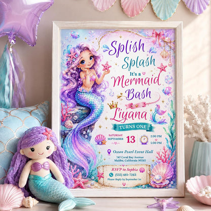 Editable Mermaid Birthday Invitation Canva Template, Pink Purple Gold Girls Cute Fun DIY Chic Kids Party Invite, Printable Digital Download.