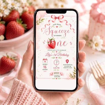 Editable Strawberryfirst Birthday Invitation Canva Template, Girls Kids Cute Modern Fun Themed DIY Party Invite, Printable Digital Download.
