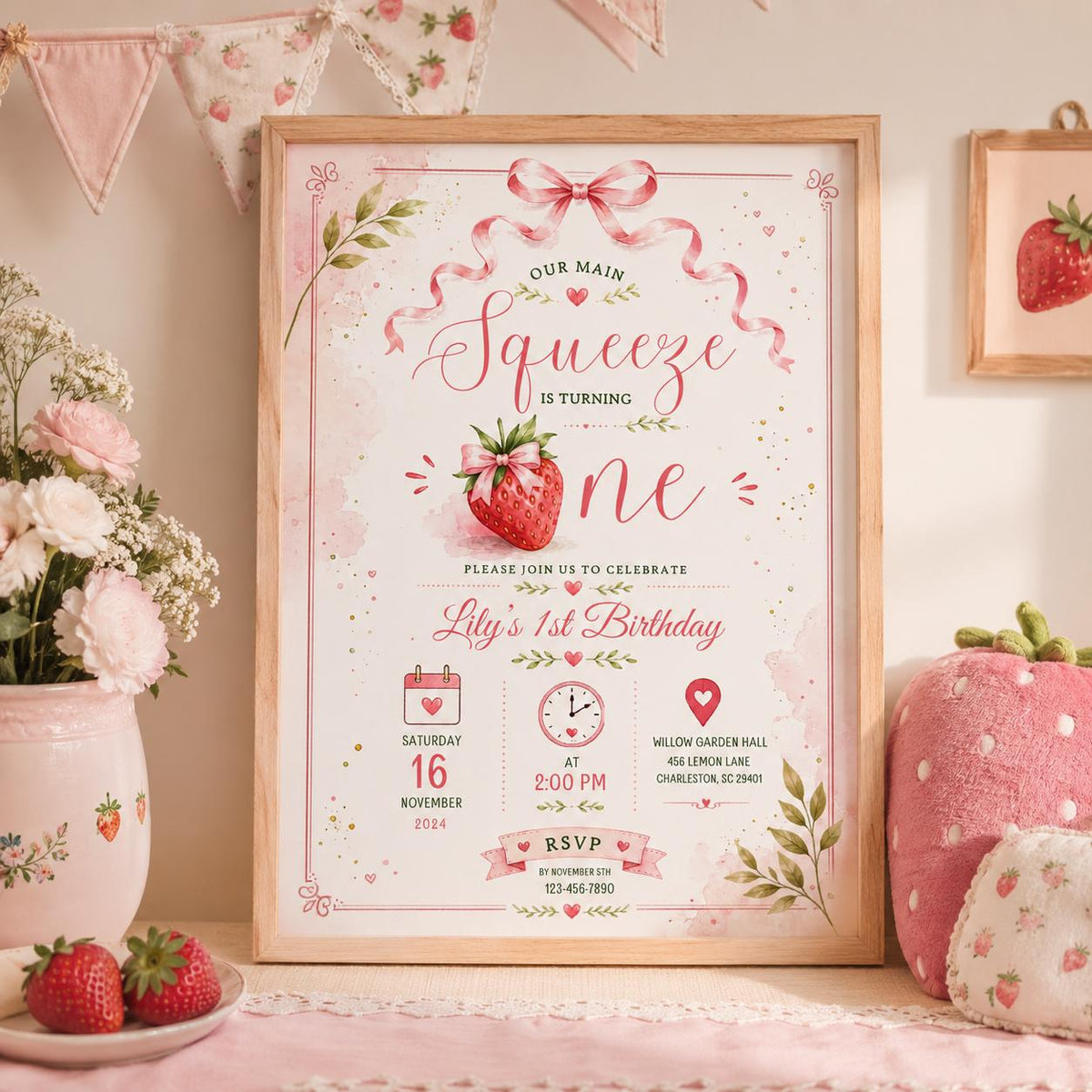 Editable Strawberryfirst Birthday Invitation Canva Template, Girls Kids Cute Modern Fun Themed DIY Party Invite, Printable Digital Download.