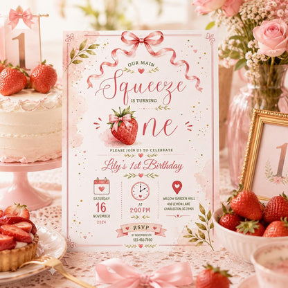 Editable Strawberryfirst Birthday Invitation Canva Template, Girls Kids Cute Modern Fun Themed DIY Party Invite, Printable Digital Download.