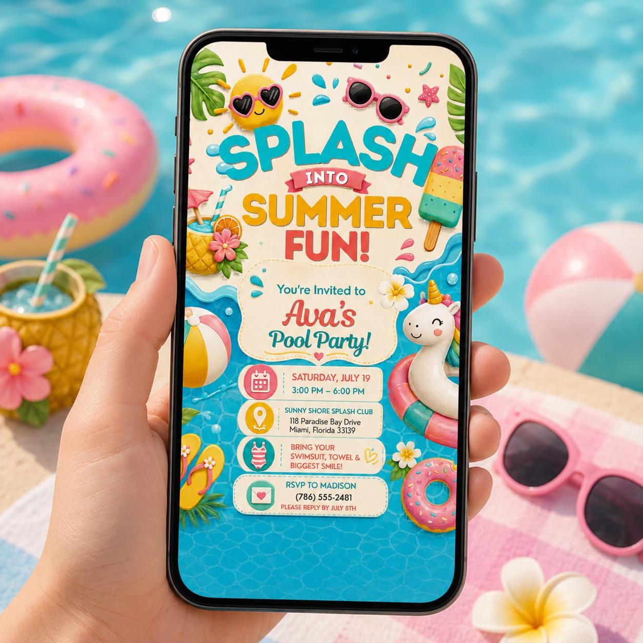 Editable Pool Birthday Invitation Canva Template, Pink Pastel Girls Kids Any Age Pool Cute Fun DIY Party Invite, Printable Digital Download.
