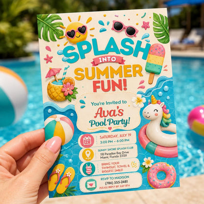 Editable Pool Birthday Invitation Canva Template, Pink Pastel Girls Kids Any Age Pool Cute Fun DIY Party Invite, Printable Digital Download.