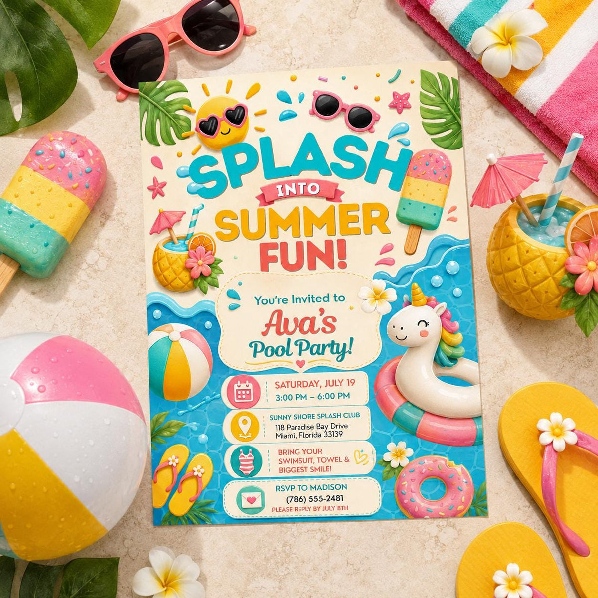 Editable Pool Birthday Invitation Canva Template, Pink Pastel Girls Kids Any Age Pool Cute Fun DIY Party Invite, Printable Digital Download.