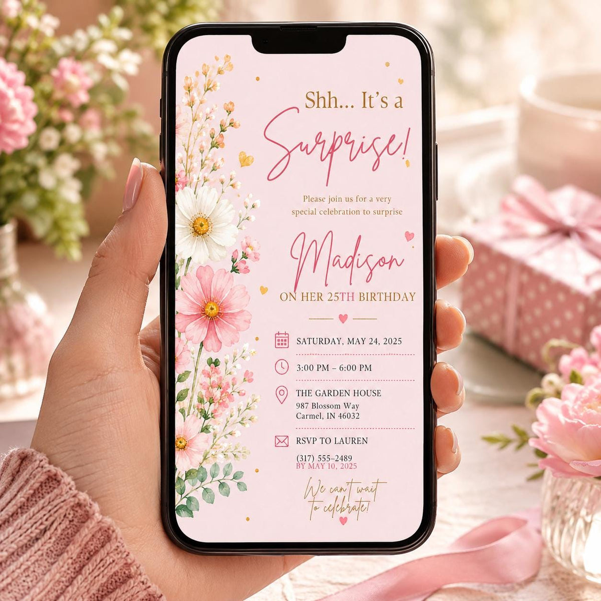 Editable Wildflowers Surprise 70th 80th Birthday Invitation Canva Template, Cute Fun DIY Chic Kids Party Invite, Printable Digital Download.
