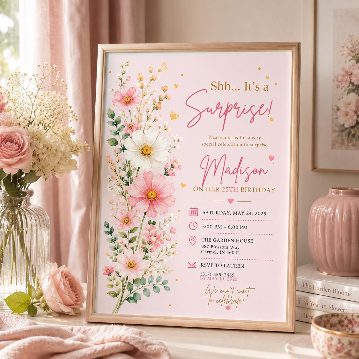 Editable Wildflowers Surprise 70th 80th Birthday Invitation Canva Template, Cute Fun DIY Chic Kids Party Invite, Printable Digital Download.