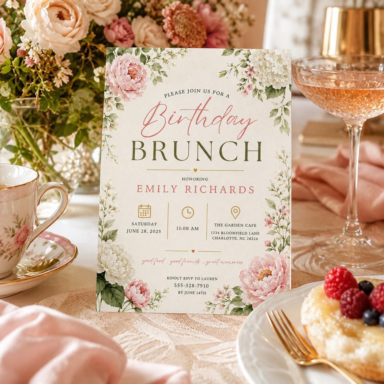 Editable Wildflower Birthday Invitation Canva Template, Pink Boho Floral Girls Cute Modern Fun DIY Party Invite, Printable Digital Download.