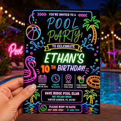 Editable Pool Birthday Invitation Canva Template, Neon Boys Kids Teens Pool Cute Fun DIY Chic Teen Party Invite, Printable Digital Download.