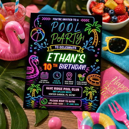 Editable Pool Birthday Invitation Canva Template, Neon Boys Kids Teens Pool Cute Fun DIY Chic Teen Party Invite, Printable Digital Download.