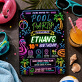 Editable Pool Birthday Invitation Canva Template, Neon Boys Kids Teens Pool Cute Fun DIY Chic Teen Party Invite, Printable Digital Download.