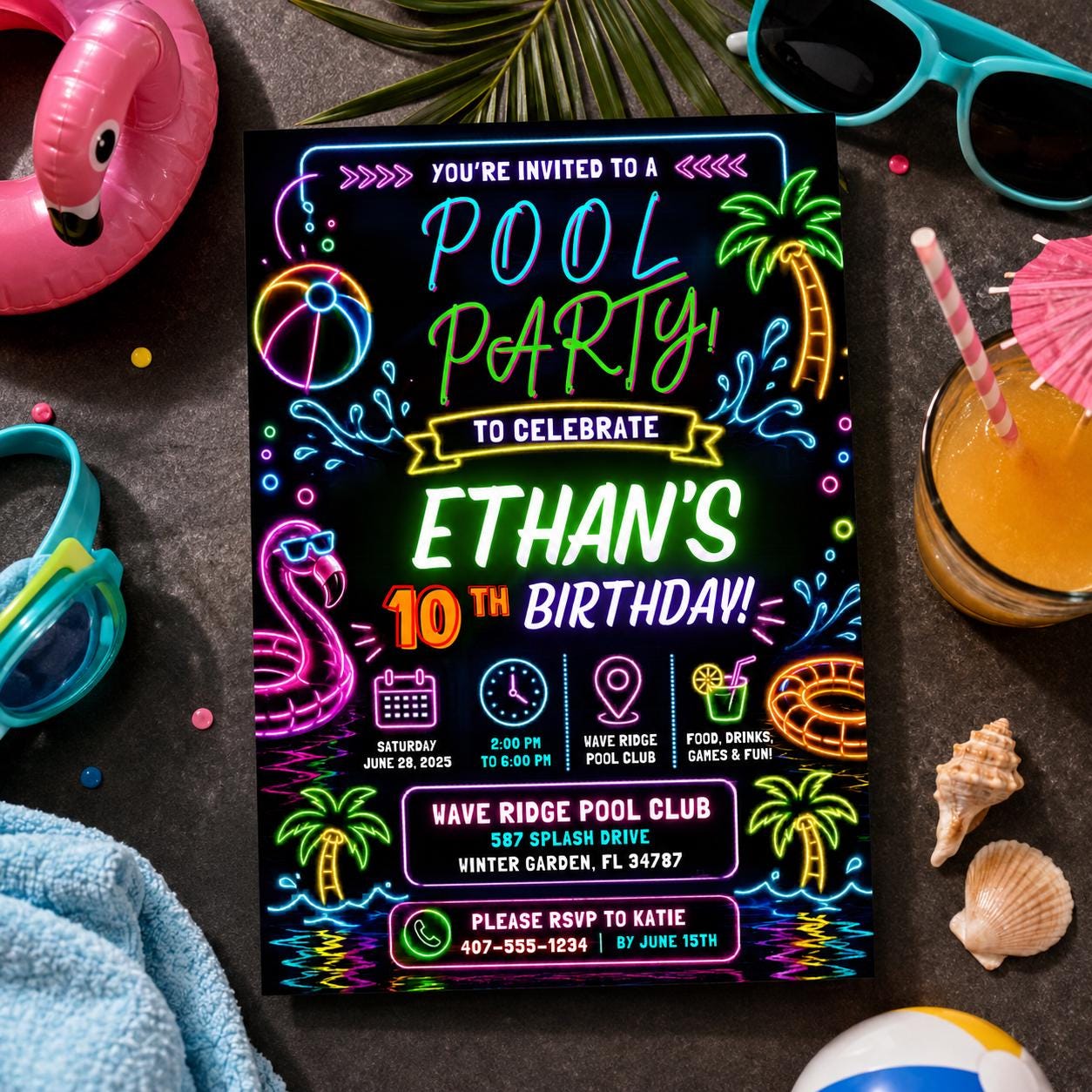 Editable Pool Birthday Invitation Canva Template, Neon Boys Kids Teens Pool Cute Fun DIY Chic Teen Party Invite, Printable Digital Download.