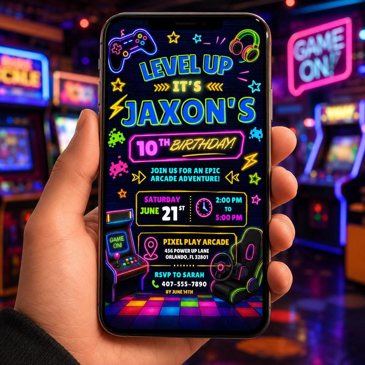 Editable Neon Glow Birthday Invitation Canva Template, Green Boys Neon Cute Fun DIY Chic Kids Teen Party Invite, Printable Digital Download.