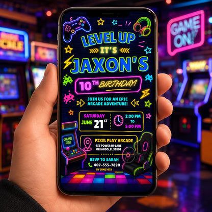 Editable Neon Glow Birthday Invitation Canva Template, Green Boys Neon Cute Fun DIY Chic Kids Teen Party Invite, Printable Digital Download.