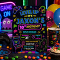 Editable Neon Glow Birthday Invitation Canva Template, Green Boys Neon Cute Fun DIY Chic Kids Teen Party Invite, Printable Digital Download.