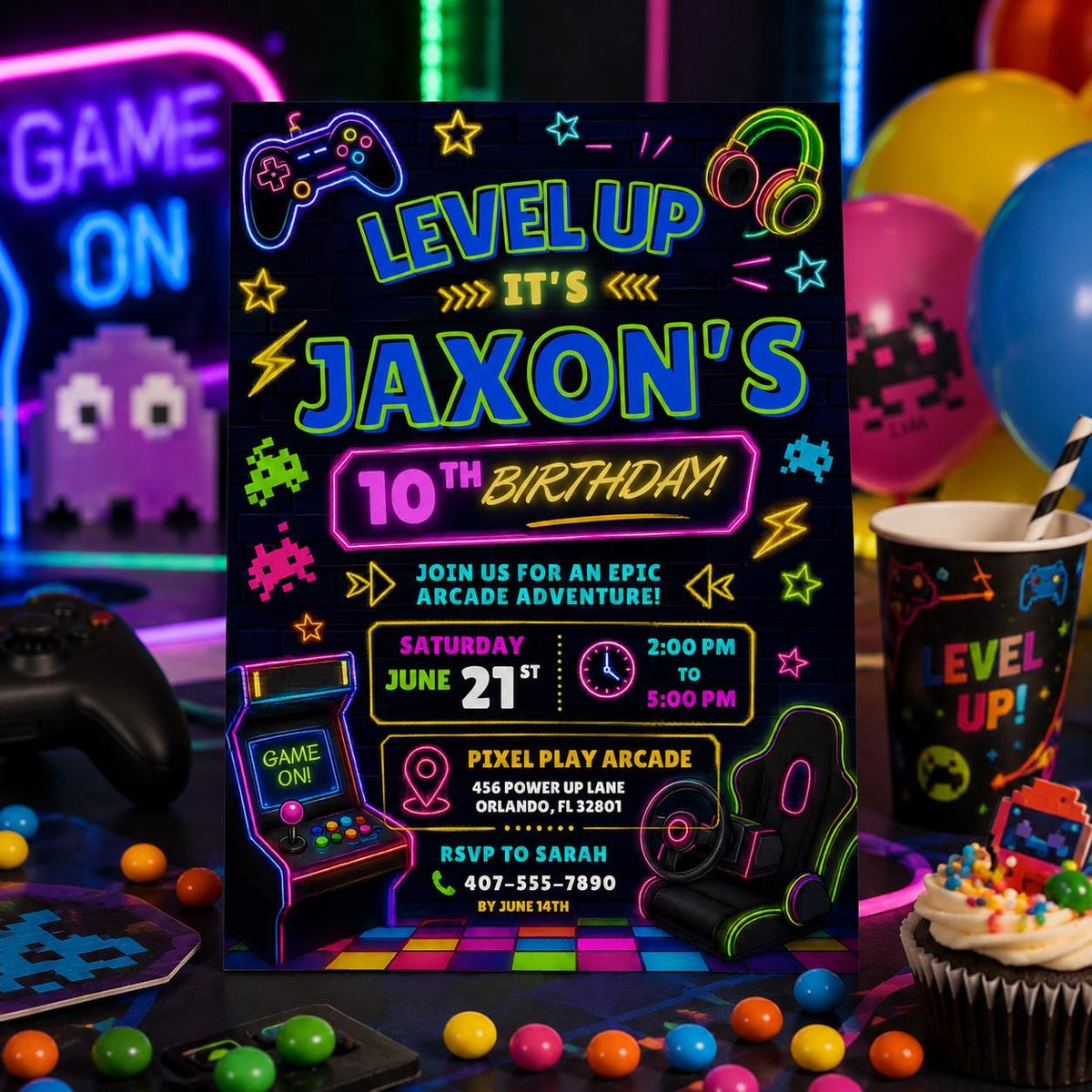 Editable Neon Glow Birthday Invitation Canva Template, Green Boys Neon Cute Fun DIY Chic Kids Teen Party Invite, Printable Digital Download.