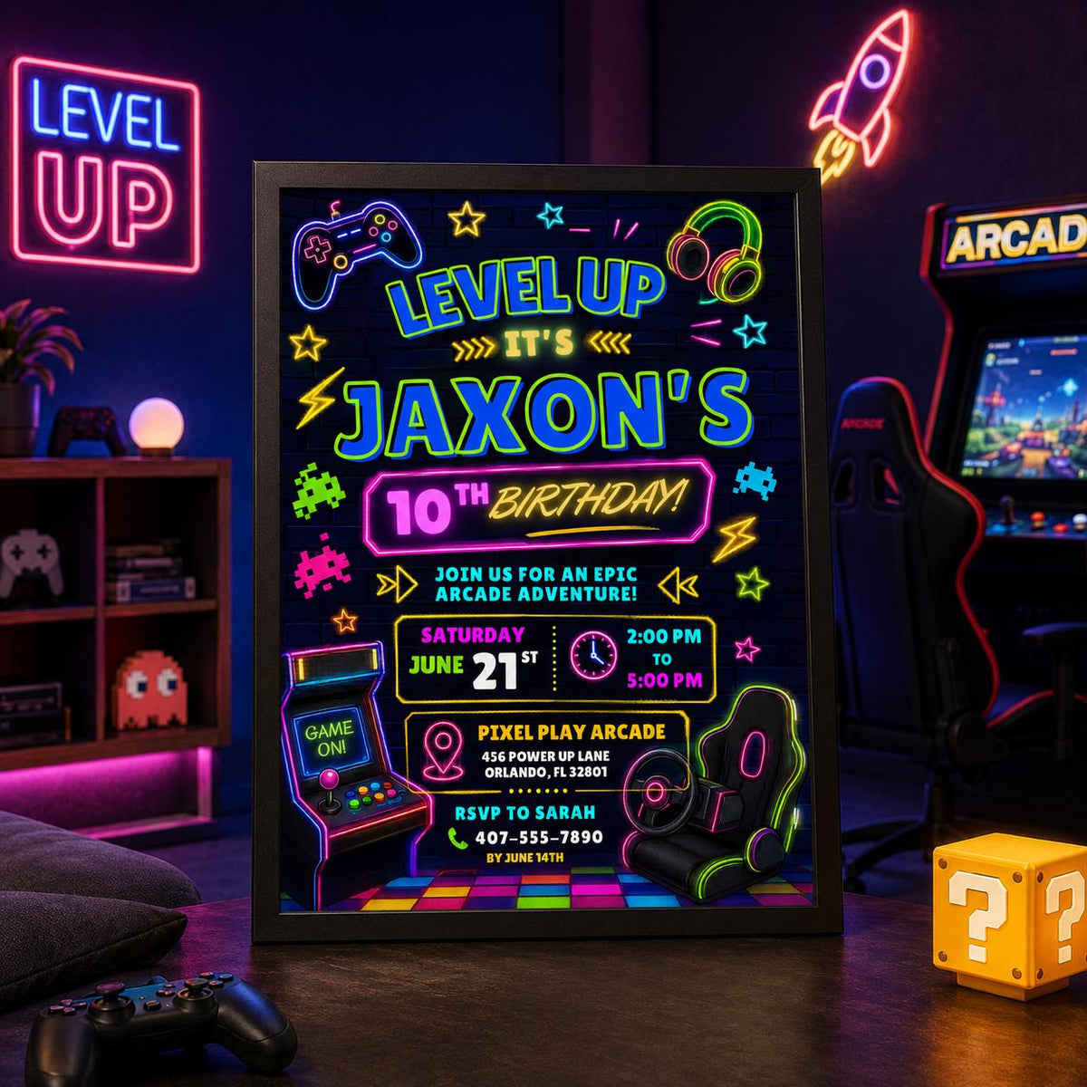 Editable Neon Glow Birthday Invitation Canva Template, Green Boys Neon Cute Fun DIY Chic Kids Teen Party Invite, Printable Digital Download.
