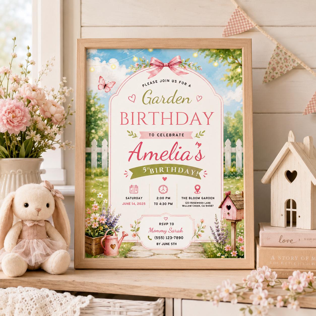 Editable Garden Birthday Invitation Canva Template, Floral Girls Cute Fun DIY Sweet Chic Kids Teen Party Invite, Printable Digital Download.