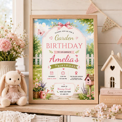 Editable Garden Birthday Invitation Canva Template, Floral Girls Cute Fun DIY Sweet Chic Kids Teen Party Invite, Printable Digital Download.