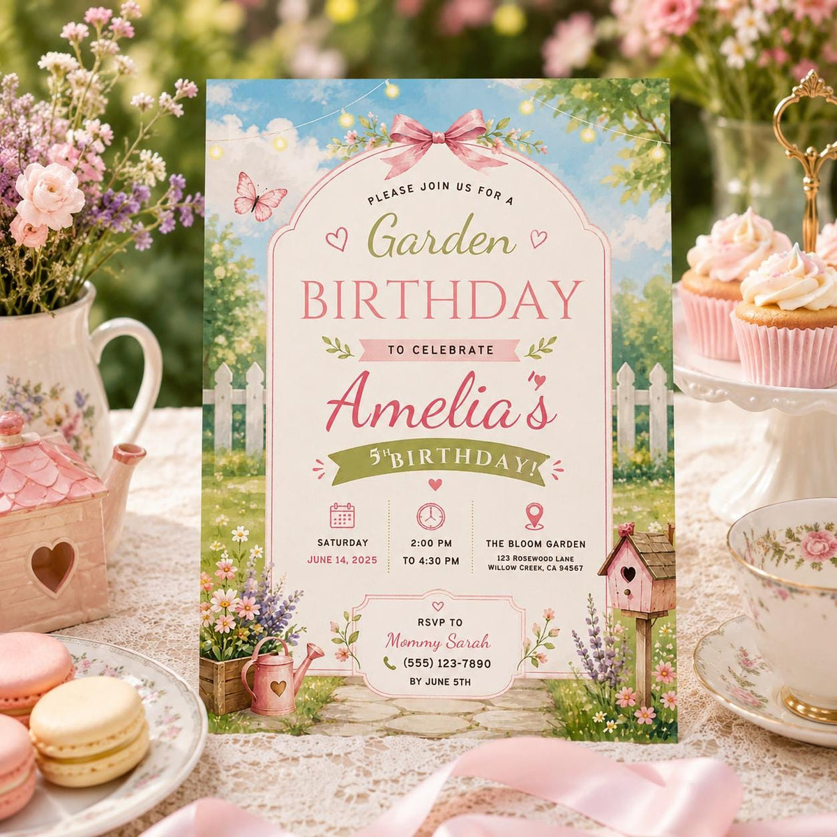 Editable Garden Birthday Invitation Canva Template, Floral Girls Cute Fun DIY Sweet Chic Kids Teen Party Invite, Printable Digital Download.