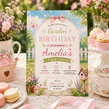 Editable Garden Birthday Invitation Canva Template, Floral Girls Cute Fun DIY Sweet Chic Kids Teen Party Invite, Printable Digital Download.