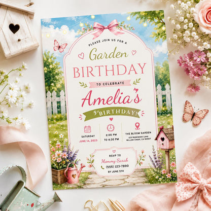 Editable Garden Birthday Invitation Canva Template, Floral Girls Cute Fun DIY Sweet Chic Kids Teen Party Invite, Printable Digital Download.