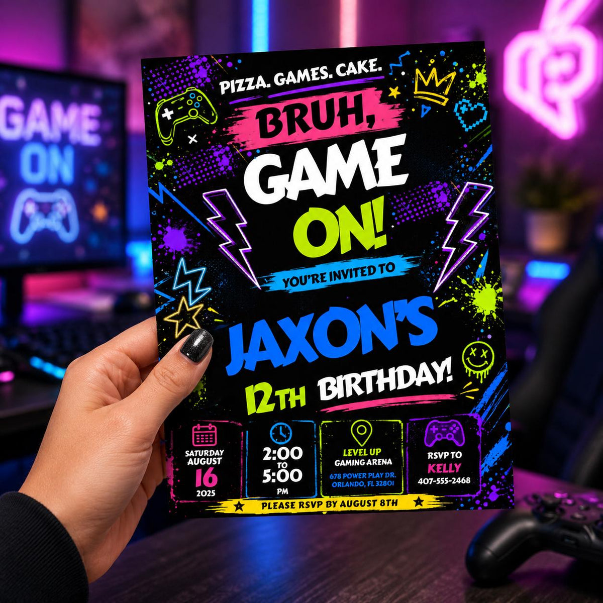 Editable Neon Glow Birthday Invitation Canva Template, Boys Neon Cute Fun DIY Sweet Chic Kids Teen Party Invite, Printable Digital Download.