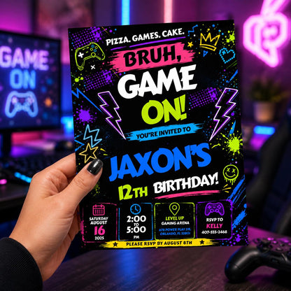 Editable Neon Glow Birthday Invitation Canva Template, Boys Neon Cute Fun DIY Sweet Chic Kids Teen Party Invite, Printable Digital Download.