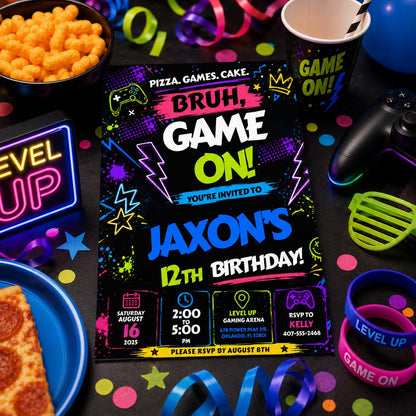 Editable Neon Glow Birthday Invitation Canva Template, Boys Neon Cute Fun DIY Sweet Chic Kids Teen Party Invite, Printable Digital Download.
