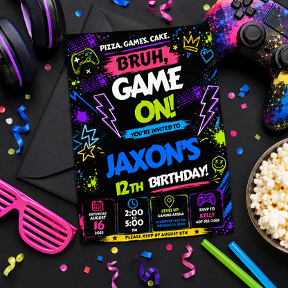 Editable Neon Glow Birthday Invitation Canva Template, Boys Neon Cute Fun DIY Sweet Chic Kids Teen Party Invite, Printable Digital Download.