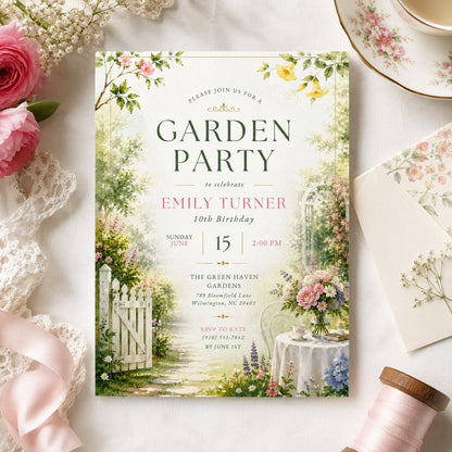 Editable Garden Birthday Invitation Canva Template, Floral Girls Cute Fun DIY Sweet Chic Kids Teen Party Invite, Printable Digital Download.