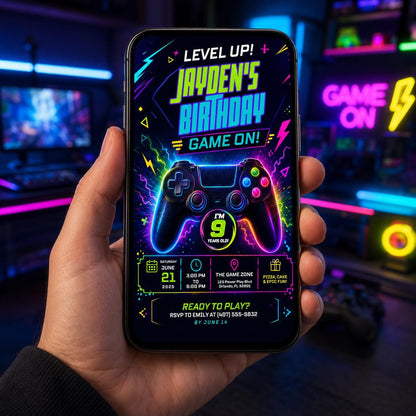 Editable Neon Glow Birthday Invitation Canva Template, Green Boys Neon Cute Fun DIY Chic Kids Teen Party Invite, Printable Digital Download.